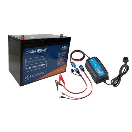 Batteria Litio Power Sonic Lifepo4 Power Sonic 12V 100Ah + Caricabatterie Impermeabile Victron 12V15a
