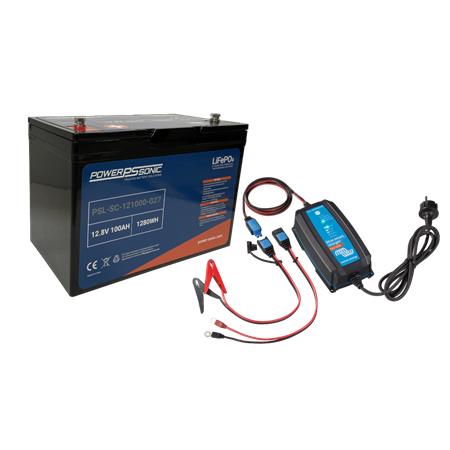 Batteria Litio Power Sonic Lifepo4 Power Sonic 12V 100Ah + Caricabatterie Stagno Victron 12V10a
