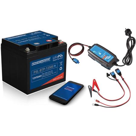 Batteria Litio Power Sonic Lifepo4 Power Sonic 12V 50Ah Avec Bluetooth Intégré + Chargeur Victron Bluesmart Ip65 7A