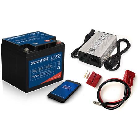 Batteria Litio Power Sonic Lifepo4 Power Sonic 12V 50Ah Con Bluetooth Integrato + Caricabatterie Non Impermeabile 10A + Kit Di Connessione