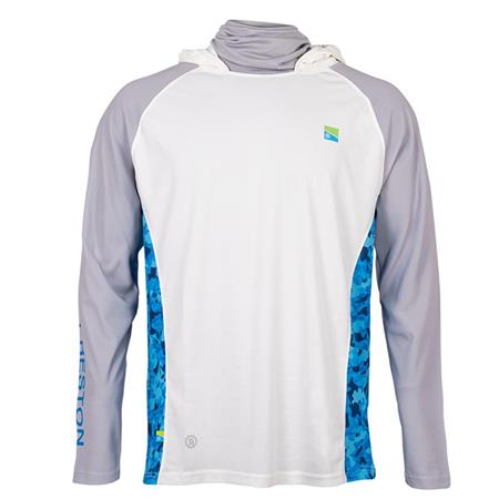LANGÆRMET T-SHIRT TIL MÆND PRESTON INNOVATIONS PERFORMANCE HOODED SUN SHIRT UPF-40 - HVID/GRÅ