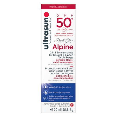 SOLCREME ULTRASUN ALPINE 2-I-1 STICK TIL ANSIGT OG LÆBER SPF50
