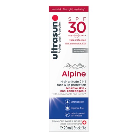 SOLCREME ULTRASUN ALPINE STIFT 2-I-1 TIL ANSIGT OG LÆBER SPF30