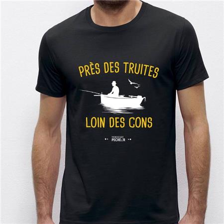 T-SHIRT KORTE MOUWEN HEREN MONSIEUR PÊCHEUR PRÈS DES TRUITES, LOIN DES CONS - ZWART