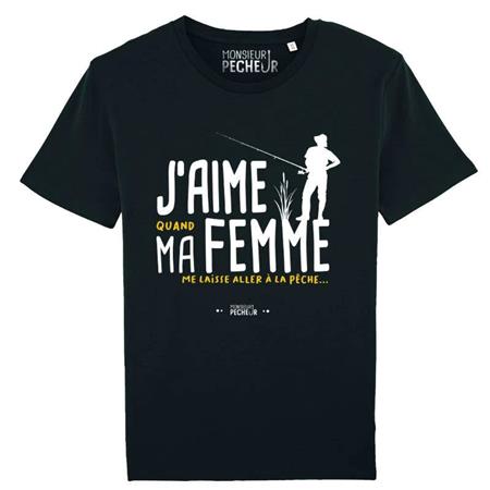 T-Shirt Korte Mouwen Voor Heren Monsieur Pêcheur J'aime Ma Femme - Zwart