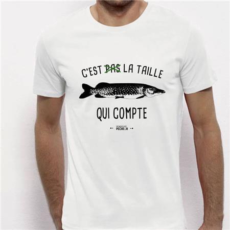 T-SHIRT KURZARM HERREN MONSIEUR PÊCHEUR ES KOMMT NICHT AUF DIE GRÖSSE AN - HECHT - WEIß