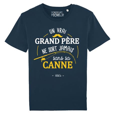 T-Shirt Kurzarm Herren Monsieur Pêcheur Grand Père Jamais Sans Sa Canne - Marineblau