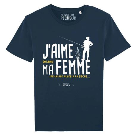 T-Shirt Kurzarm Herren Monsieur Pêcheur J'aime Ma Femme - Marineblau
