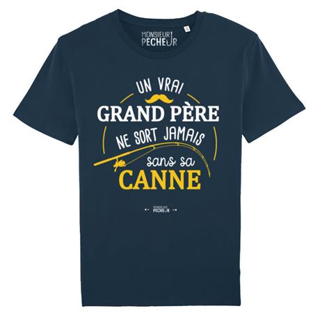 T-Shirt Maniche Corte Uomo - Marine Monsieur Pêcheur Grand Père Jamais Sans Sa Canne - Marine