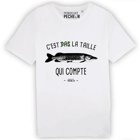 Tee Shirt Manches Courtes Homme Monsieur Pêcheur C'est Pas La Taille Qui Compte - Brochet - Blanc