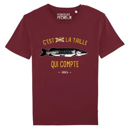 Tee Shirt Manches Courtes Homme Monsieur Pêcheur C'est Pas La Taille Qui Compte - Brochet - Burgundy