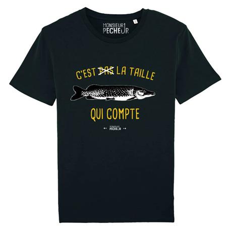 Tee Shirt Manches Courtes Homme Monsieur Pêcheur C'est Pas La Taille Qui Compte - Brochet - Noir