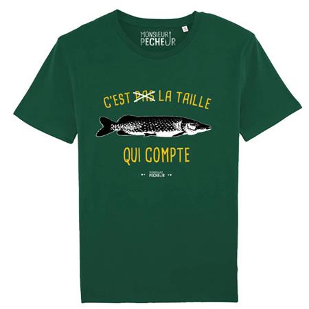 Tee Shirt Manches Courtes Homme Monsieur Pêcheur C'est Pas La Taille Qui Compte - Brochet - Vert