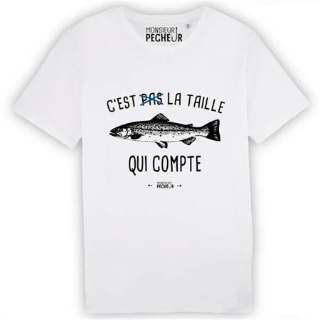Tee Shirt Manches Courtes Homme Monsieur Pêcheur C'est Pas La Taille Qui Compte - Truite - Blanc