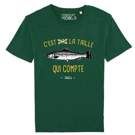 Tee Shirt Manches Courtes Homme Monsieur Pêcheur C'est Pas La Taille Qui Compte - Truite - Vert